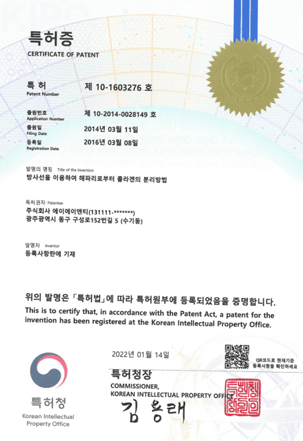 방사선을 이용하여 해파리로부터 콜라겐의 분리방법 특허증